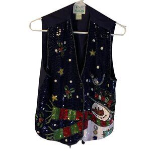 Quacker Factory Women's Holiday Vest Size S Navy Blue Sequins Snowman Christmas